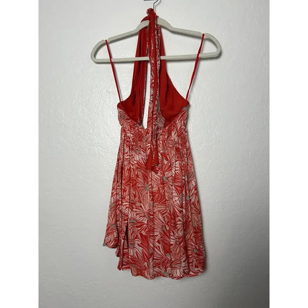 Free People Size S Orange Flower Floral Libby Convertible Halter Mini Dress